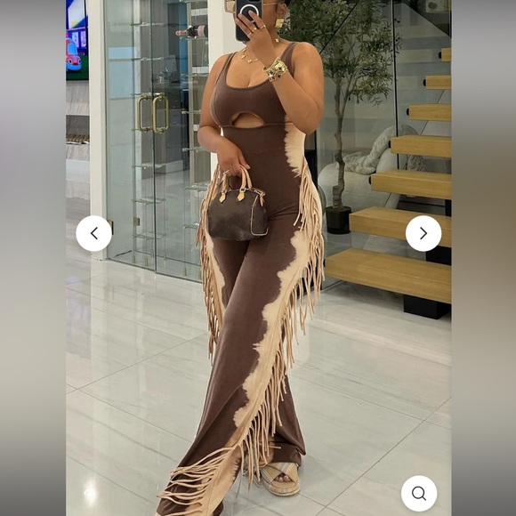 U Neck Cutout Wide Leg Side Fringed Sleeveless Jumpsuit-Brown/Tan - Picture 2 of 15